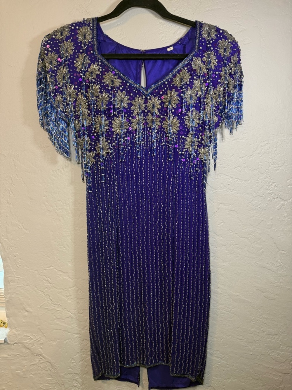 1980s Fringe Beaded Sequin Gown cocktail Dress Silk Size Small